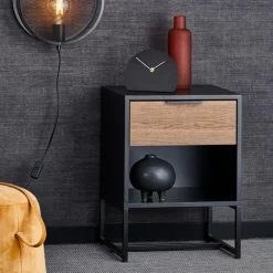 TRENTON Table De Chevet Noir, Naturel